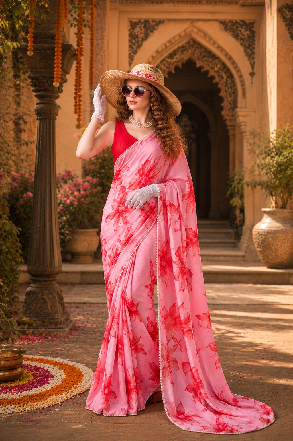 Satin Silk Floral Print Saree With Unstitched Blouse(Red)