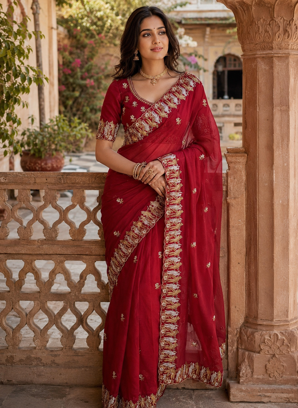 Satin Silk Saree With Unstitched Blouse(Red)