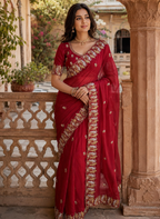 Satin Silk Saree With Unstitched Blouse(Red)