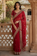 Satin Silk Saree With Unstitched Blouse(Red)