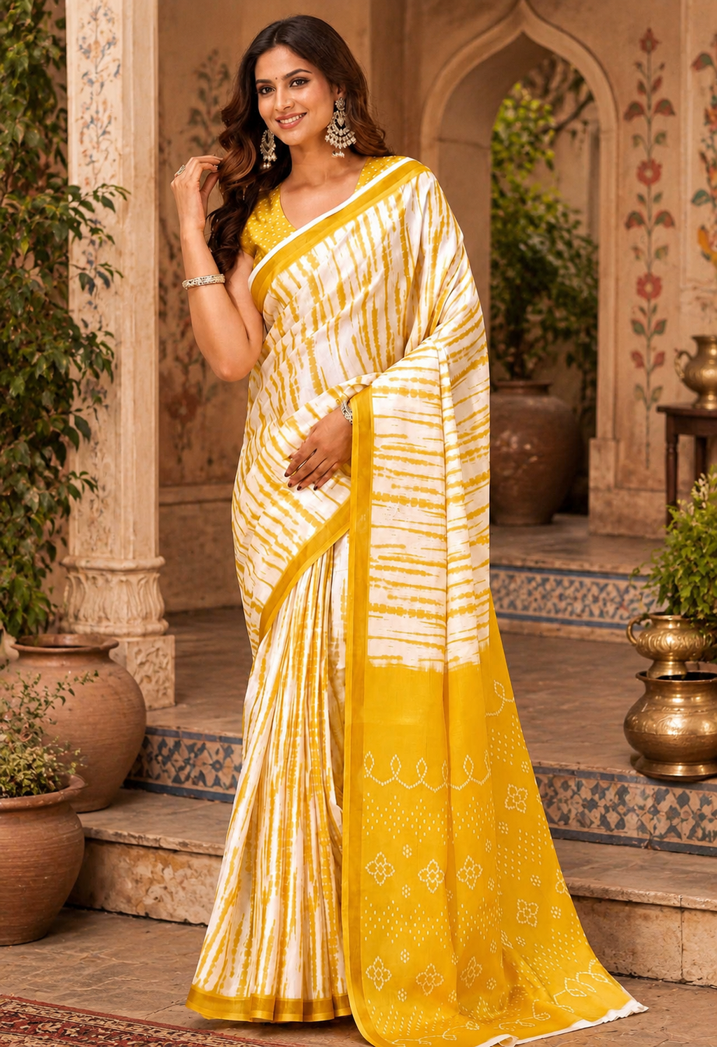 Linen Printed Saree With Unstitched Blouse(Yellow)