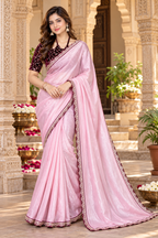 Silk Embroidery Work Saree With Unstitched Blouse(Pink)