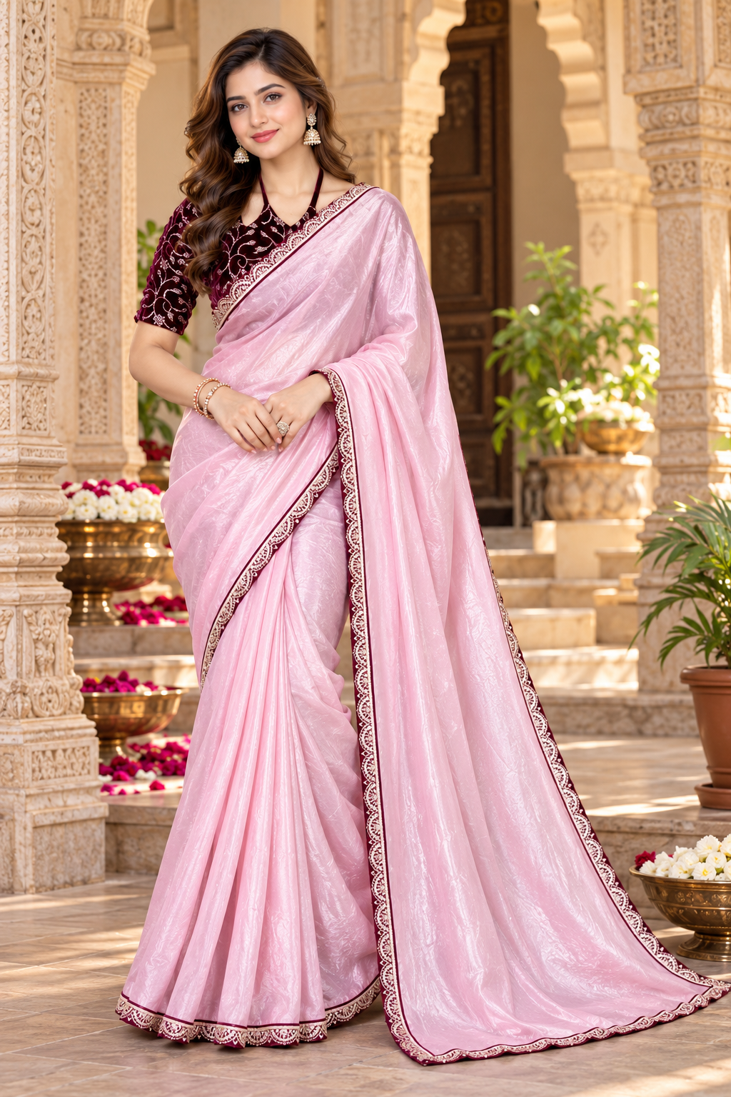 Silk Embroidery Work Saree With Unstitched Blouse(Pink)