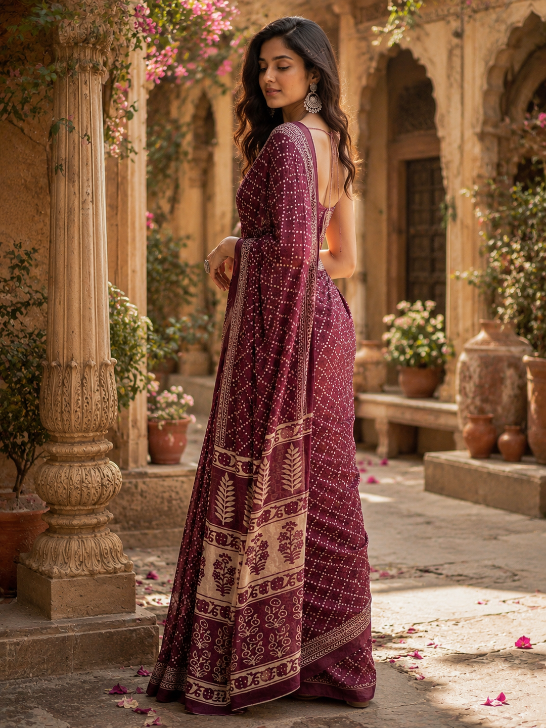 Soft Pure Mulmul Cotton Printed Saree with Unstitched Blouse(Wine)