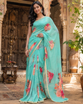 Georgette Floral Printed Saree With Unstitched Blouse(Sky)