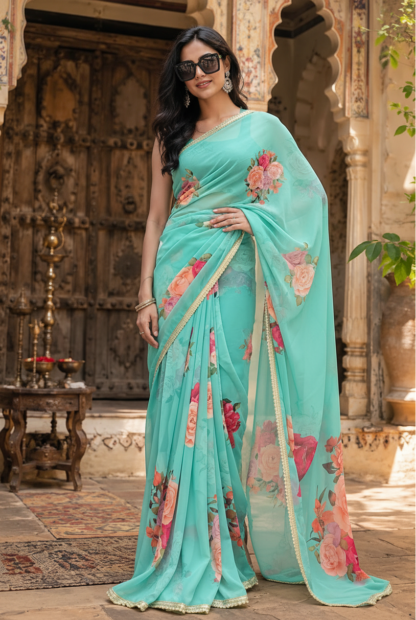 Georgette Floral Printed Saree With Unstitched Blouse(Sky)