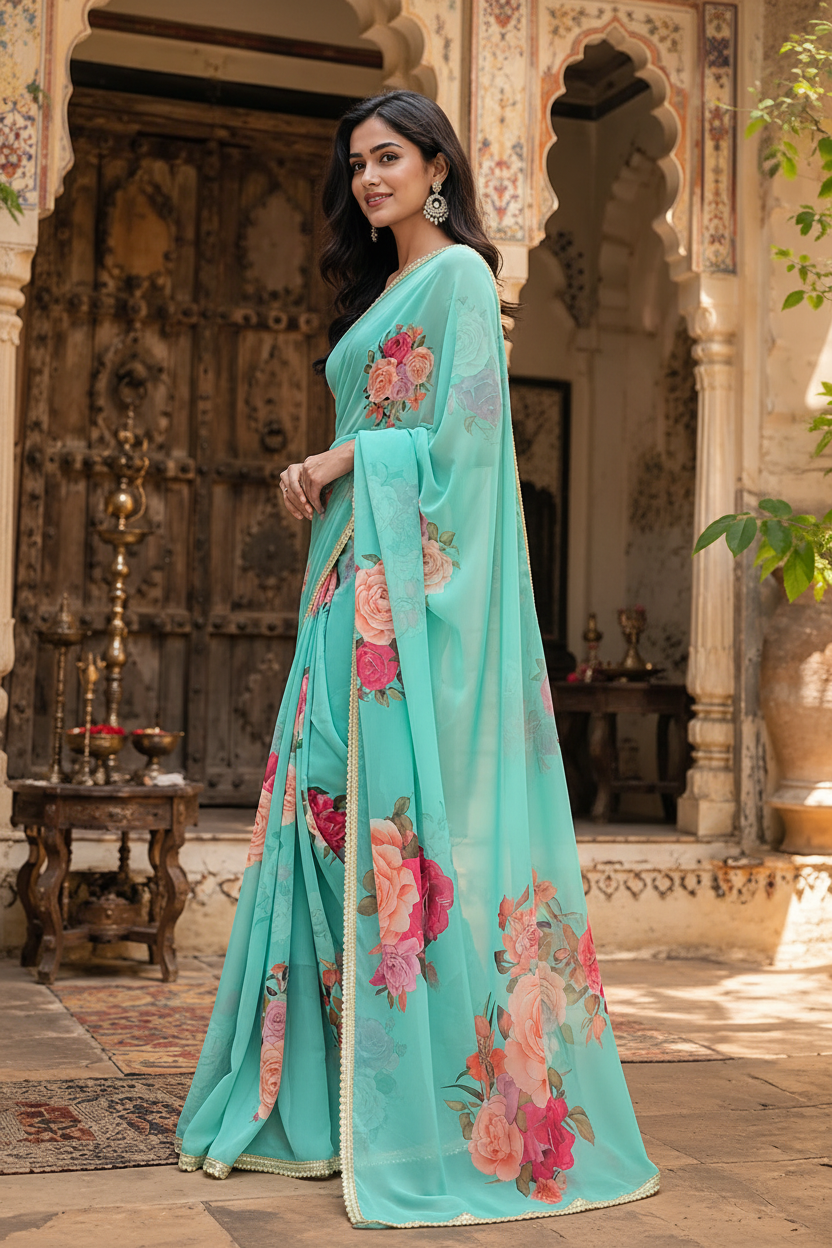Georgette Floral Printed Saree With Unstitched Blouse(Sky)