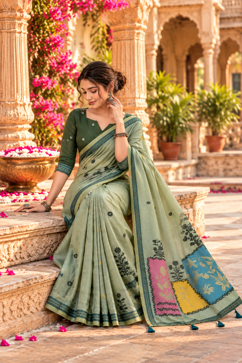 Premium Cotton Printed Saree With Unstitched Blouse(Green)