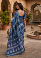 Mulmul Cotton Printed Saree With Unstitched Blouse(Blue)
