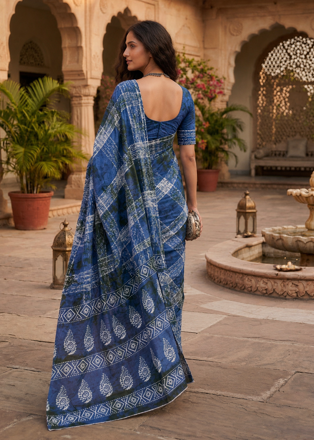 Mulmul Cotton Printed Saree With Unstitched Blouse(Blue)