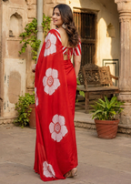Cotton Block Flower Print Saree With Unstitched Blouse(Red)