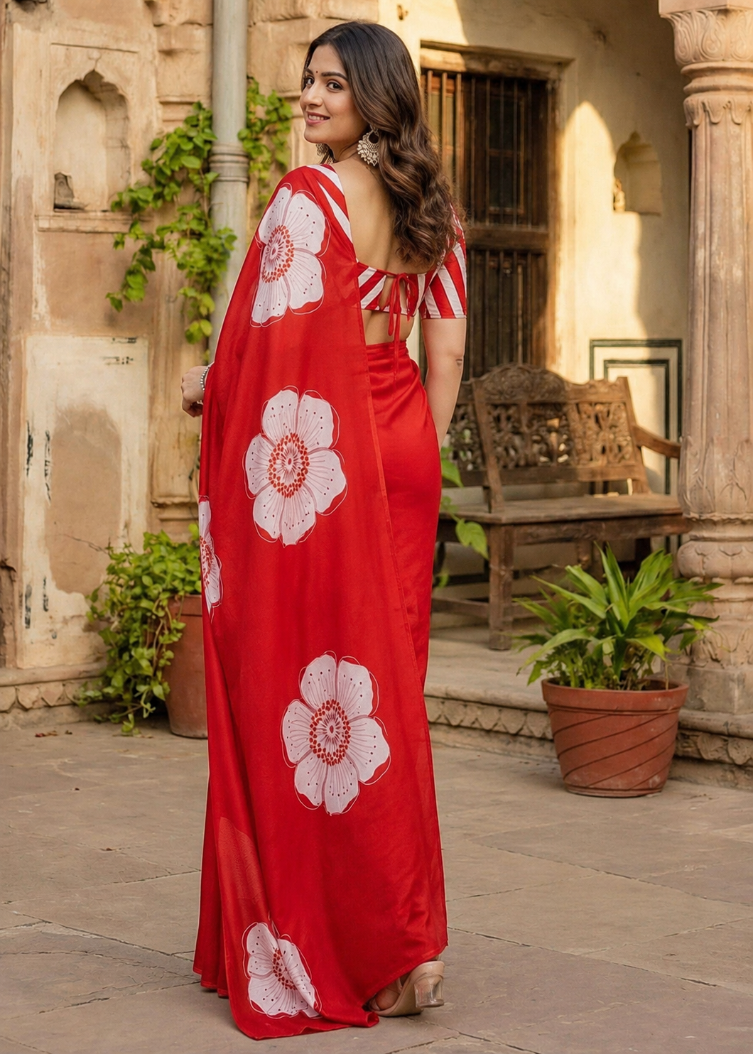 Cotton Block Flower Print Saree With Unstitched Blouse(Red)