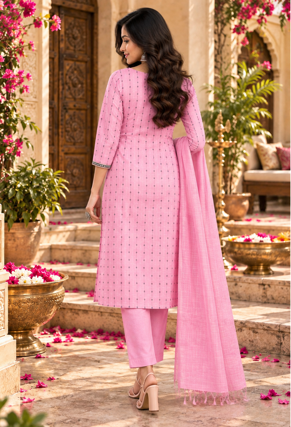 Cotton Kurti Pant Set With Dupatta(Pink)