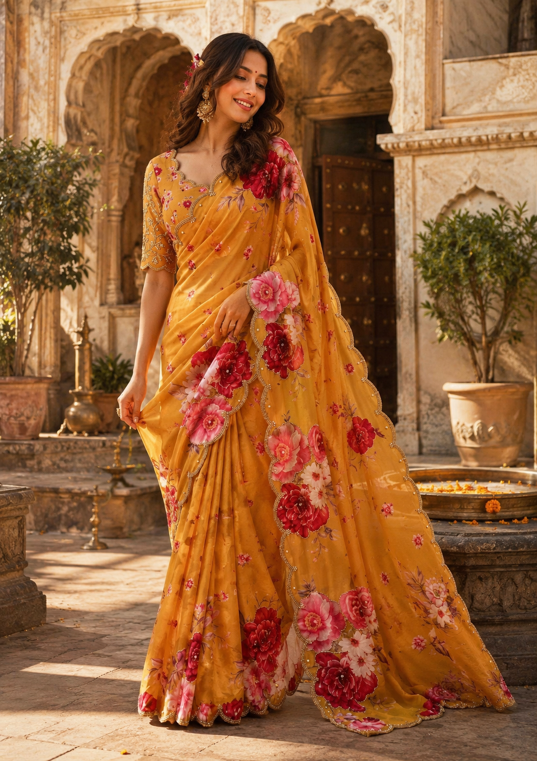 Premium Georgette Digital Floral Print Saree With Unstitched Blouse(Yellow)