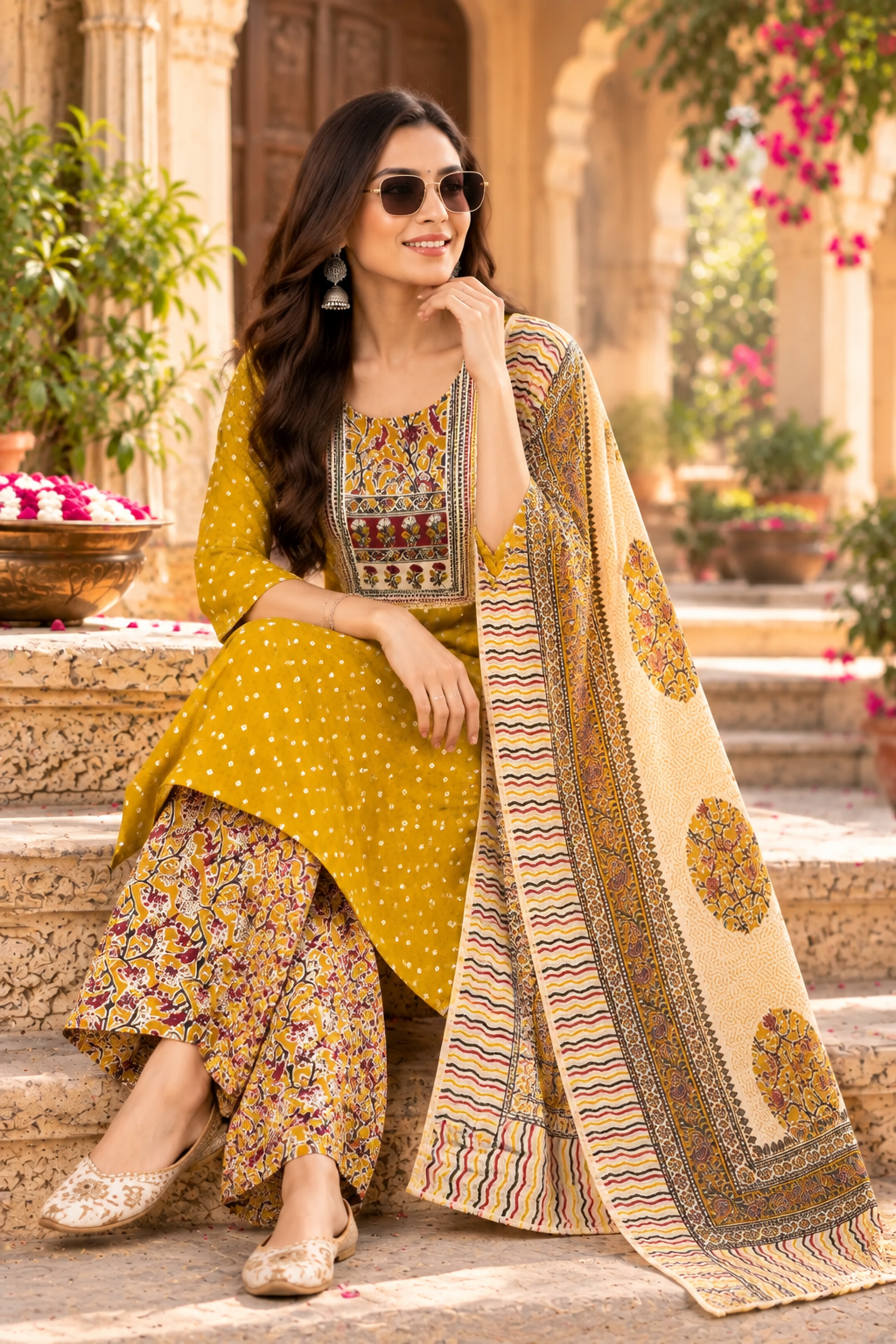 Soft Cotton Kurti Pant Set With Dupatta(Yellow)