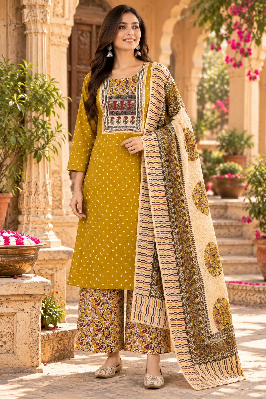 Soft Cotton Kurti Pant Set With Dupatta(Yellow)