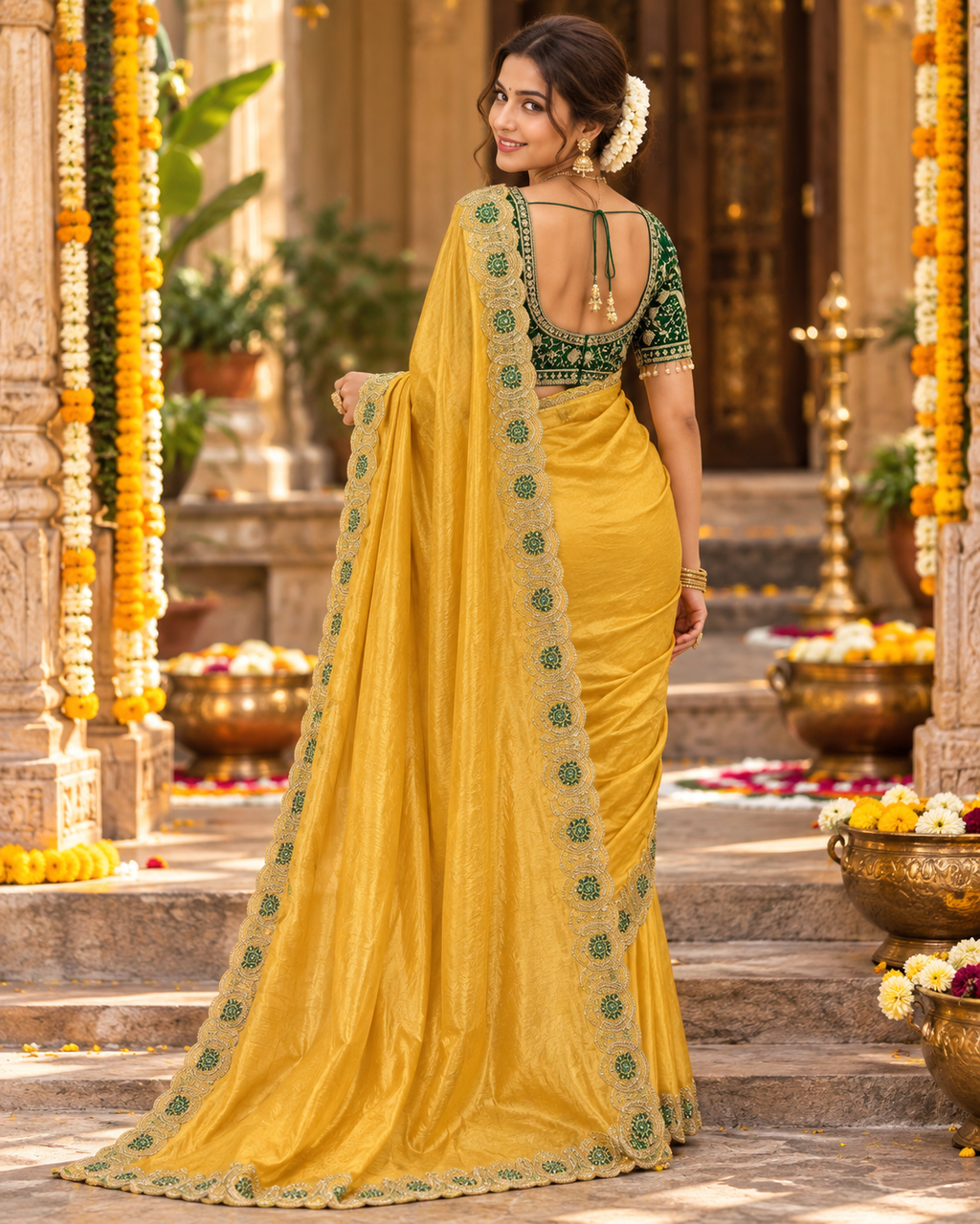 Satin Silk Zari Embroidery Sequin Work Saree With Unstitched Blouse(Mustard)