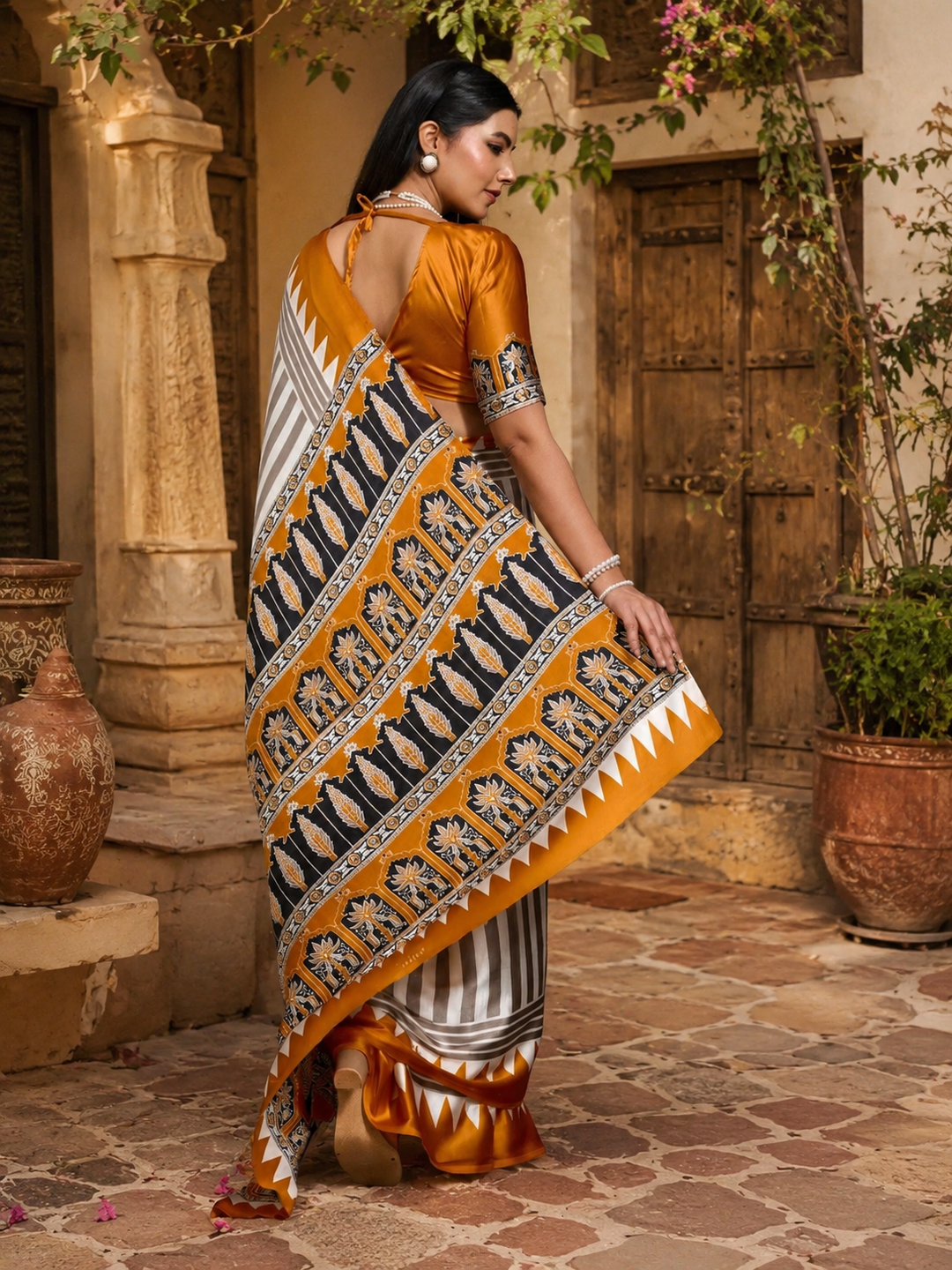 Satin Silk Ajrakh Print Saree With Unstitched Blouse(Yellow)