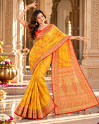 Premium Tissue Silk Zari Border Work Saree With Unstitched Blouse(Yellow)