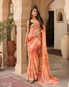Georgette Sibori Print Saree With Unstitched Blouse(Orange)