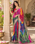 Pure Bandhani Bhej Print Gotta Patti Work Silk Saree With Unstitched Blouse(Multicolor)
