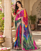 Pure Bandhani Bhej Print Gotta Patti Work Silk Saree With Unstitched Blouse(Multicolor)