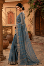 Moss Gold Shine Multi Sequence Emrodairy Work Saree With Unstitched Blouse (Blue)