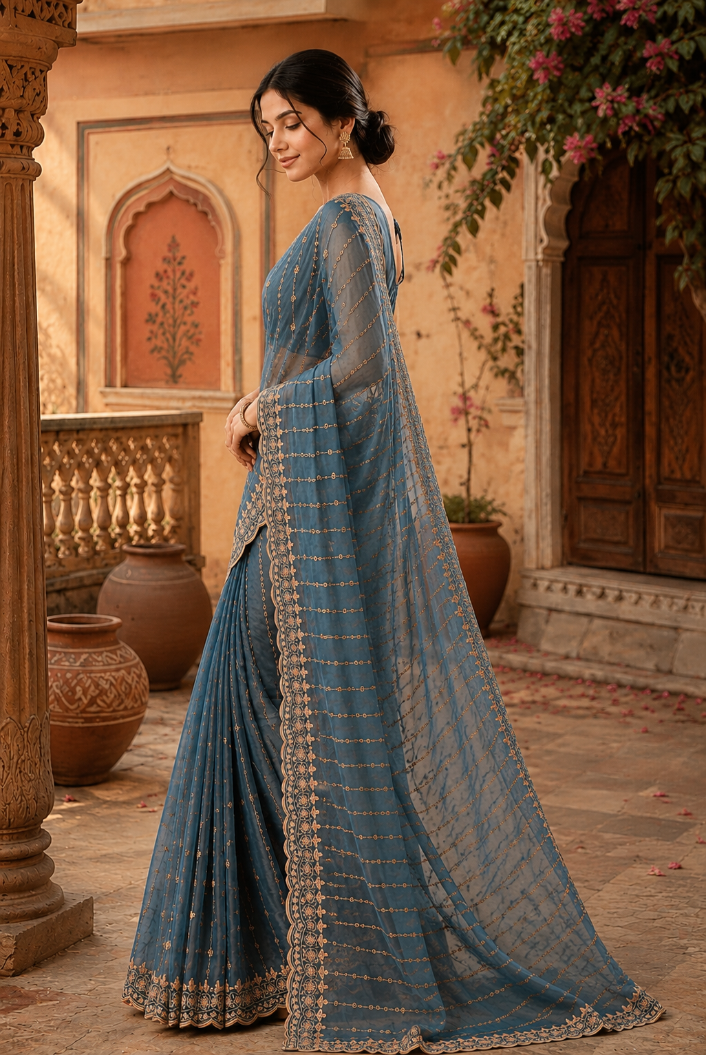 Moss Gold Shine Multi Sequence Emrodairy Work Saree With Unstitched Blouse (Blue)