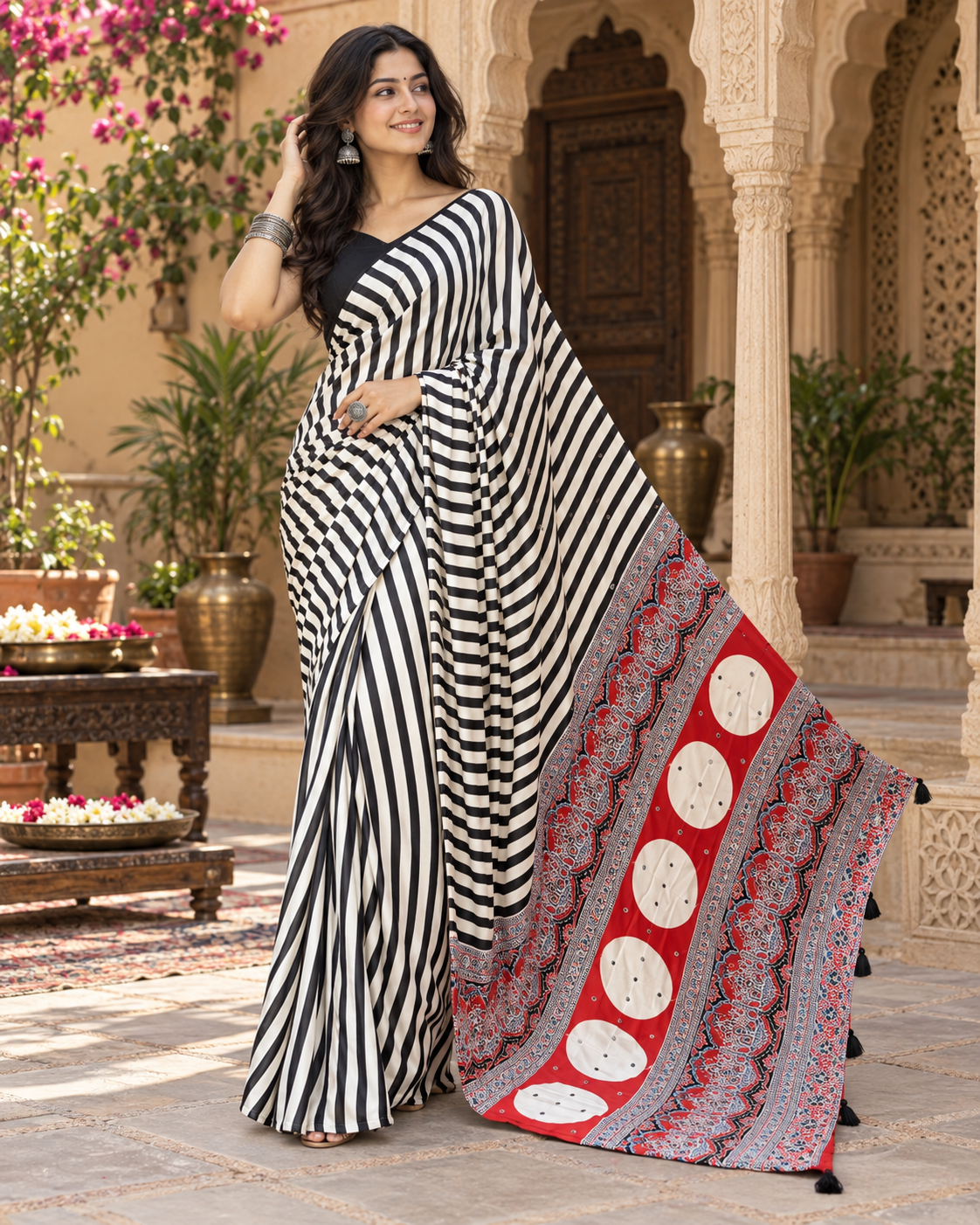 Satin Silk Ajrakh Printed Saree With Unstitched Blouse(Black)