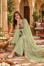 Crunch Silk Straight Kurti Palazzo Set With Dupatta(Pista)