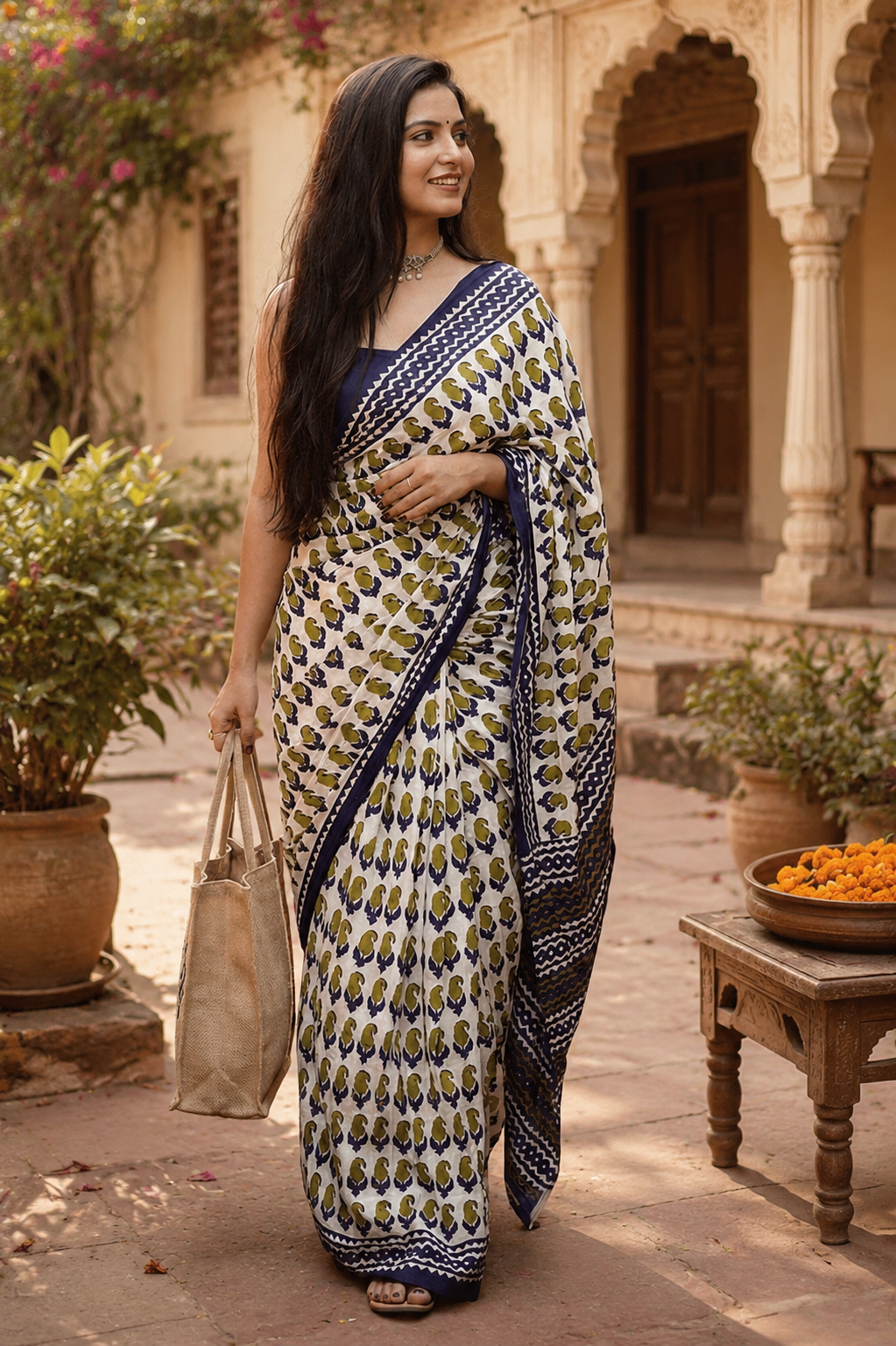 Mulmul Cotton Bagru Block Printed Saree With Unstitched Blouse(Green)