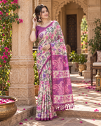 Tussar Silk Kalamkari Printed Saree With Unstitched Blouse(Purple)