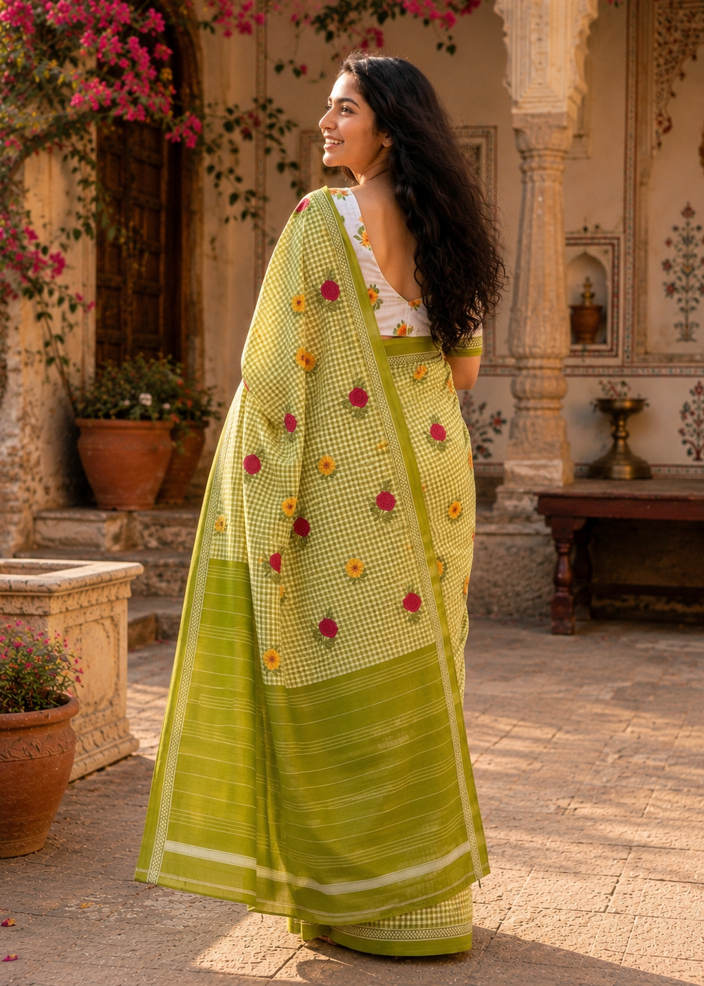 Soft Pure Mulmul Cotton Printed Saree With Unstitched Blouse(Green)