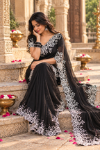 Organza Silk Thread Work Saree With Unstitched Blouse(Black)