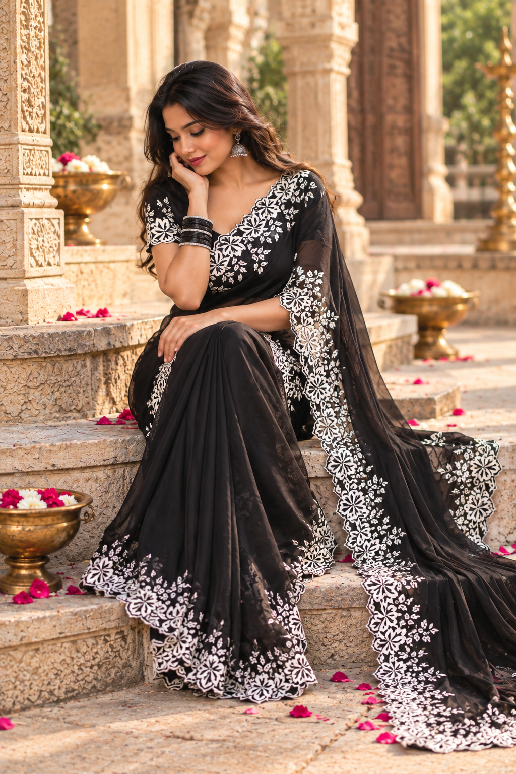 Organza Silk Thread Work Saree With Unstitched Blouse(Black)