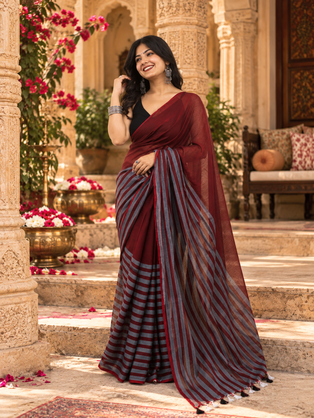 Cotton Digital Printed Saree With Unstitched Blouse(Maroon)
