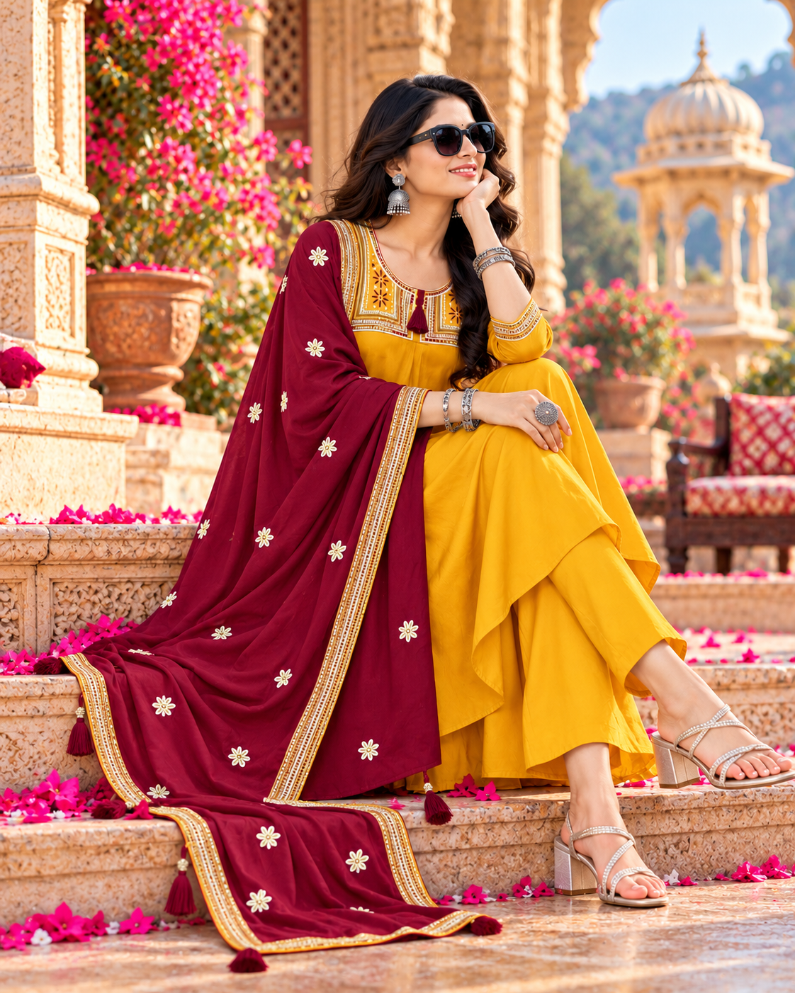 Roman Silk Embroidery Work Anarkali Kurti Pant Set With Dupatta(Mustard)