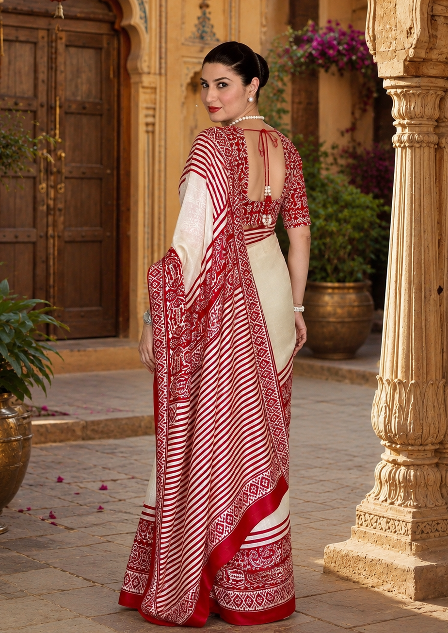 Premium Satin Silk Printed Saree With Unstitched Blouse(Red)