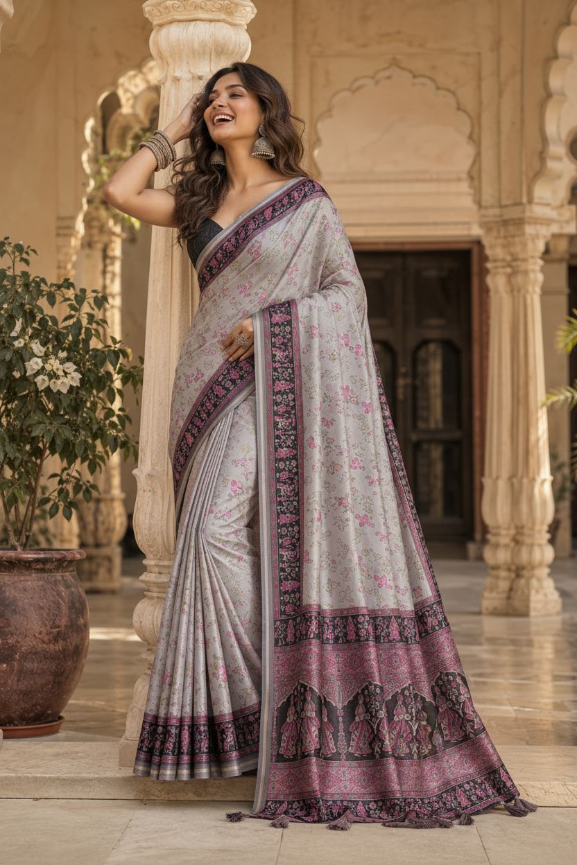 Silk Blend Jacquard Weaving Zari Border Saree With Unstitched Blouse(Purple)