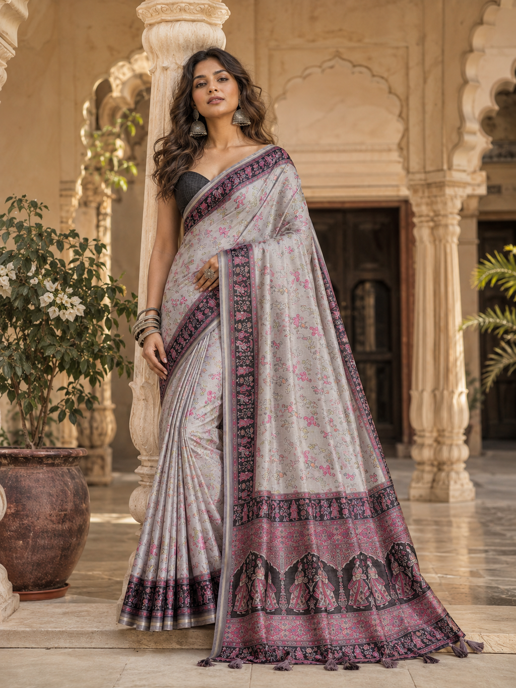 Silk Blend Jacquard Weaving Zari Border Saree With Unstitched Blouse(Purple)