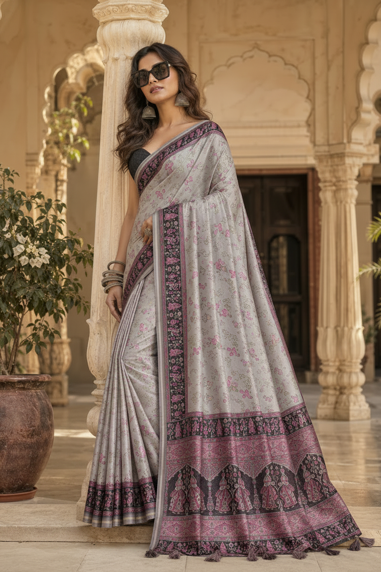 Silk Blend Jacquard Weaving Zari Border Saree With Unstitched Blouse(Purple)