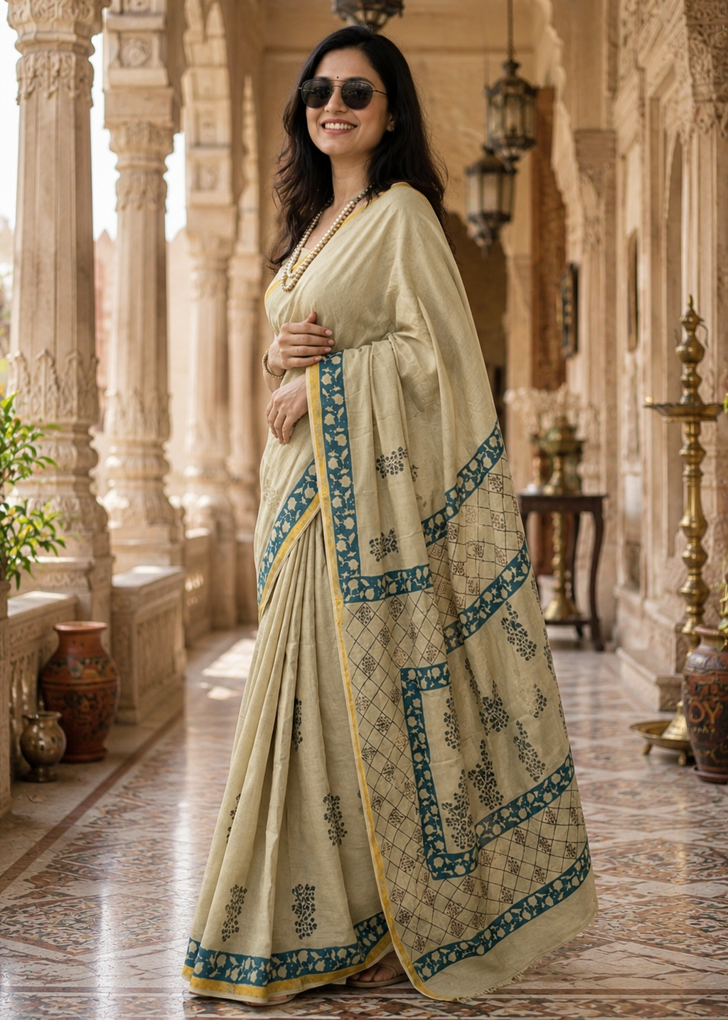 Soft Maslin Cotton Zari Border Traditional Hand Block Saree With Unstitched Blouse (Beige)