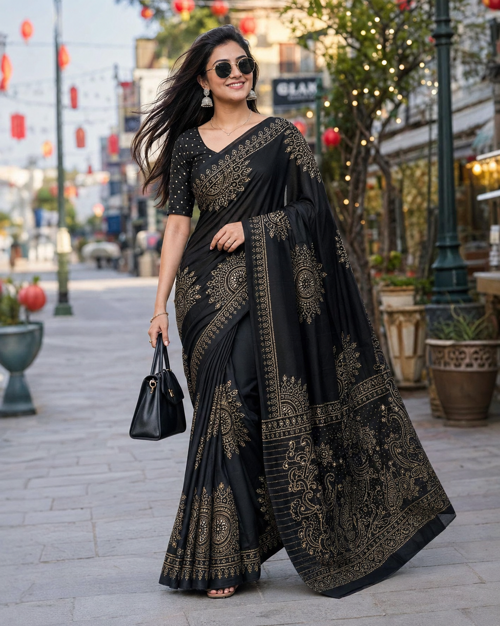Premium  Gajji Silk Heavy Mirror Work Saree With Unstitched Blouse (Black)