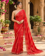 Premium Cotton Printed Saree With Unstitched Blouse(Red)
