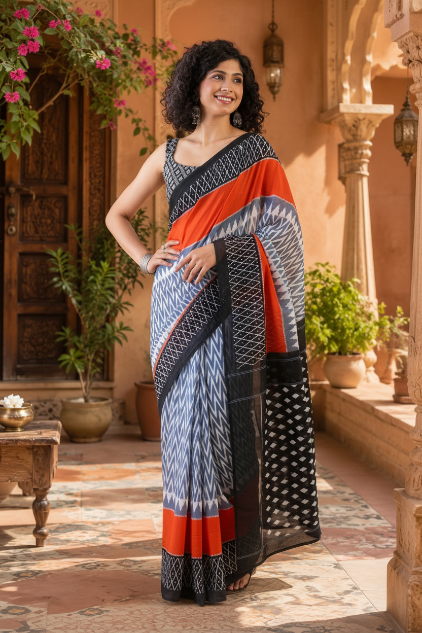 Mulmul Cotton Printed Pocket Saree With Unstitched Blouse(Black)