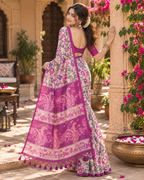 Tussar Silk Kalamkari Printed Saree With Unstitched Blouse(Purple)