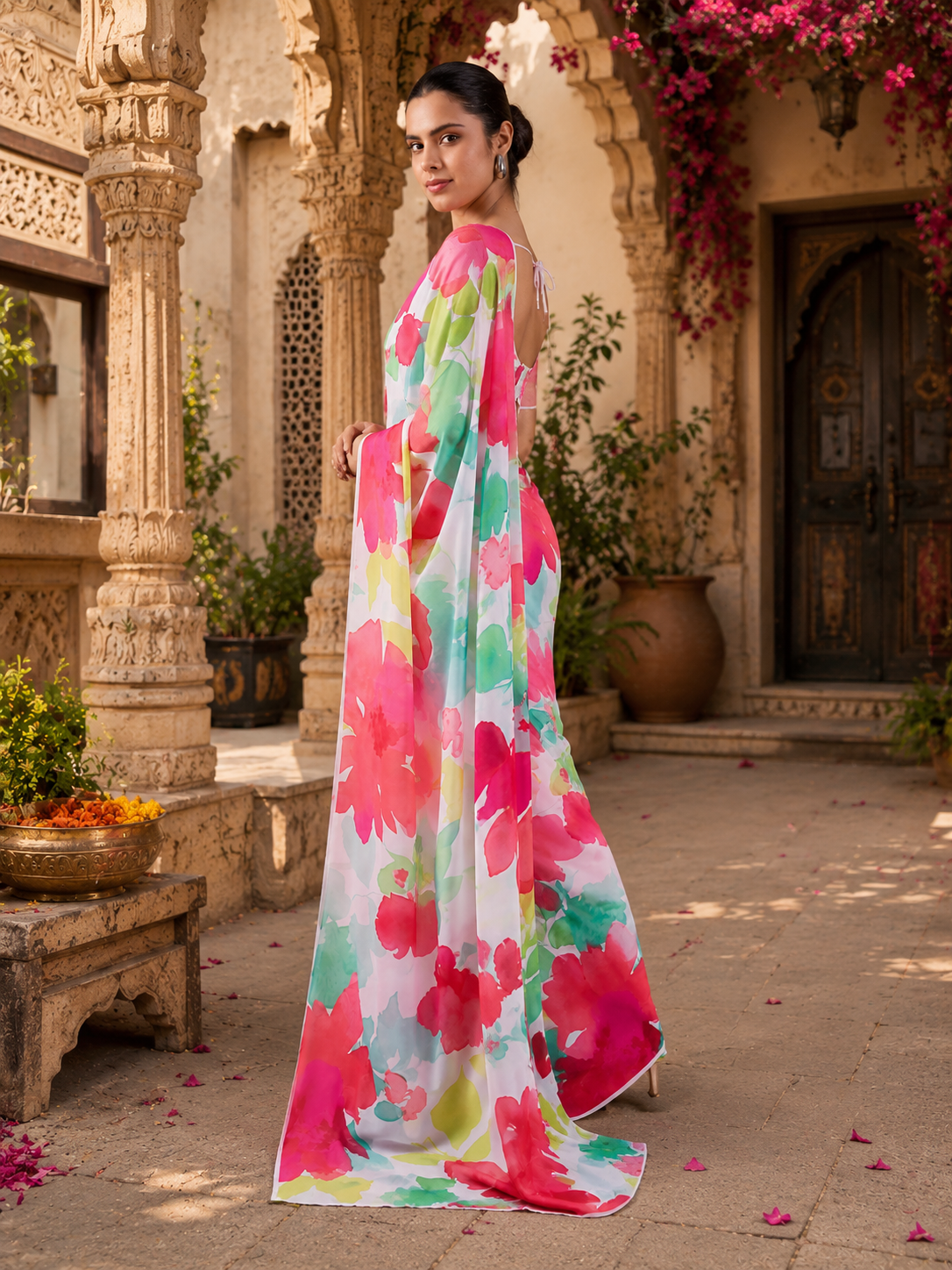 Satin Georgette Printed Printed Saree With Unstitched Blouse(White)