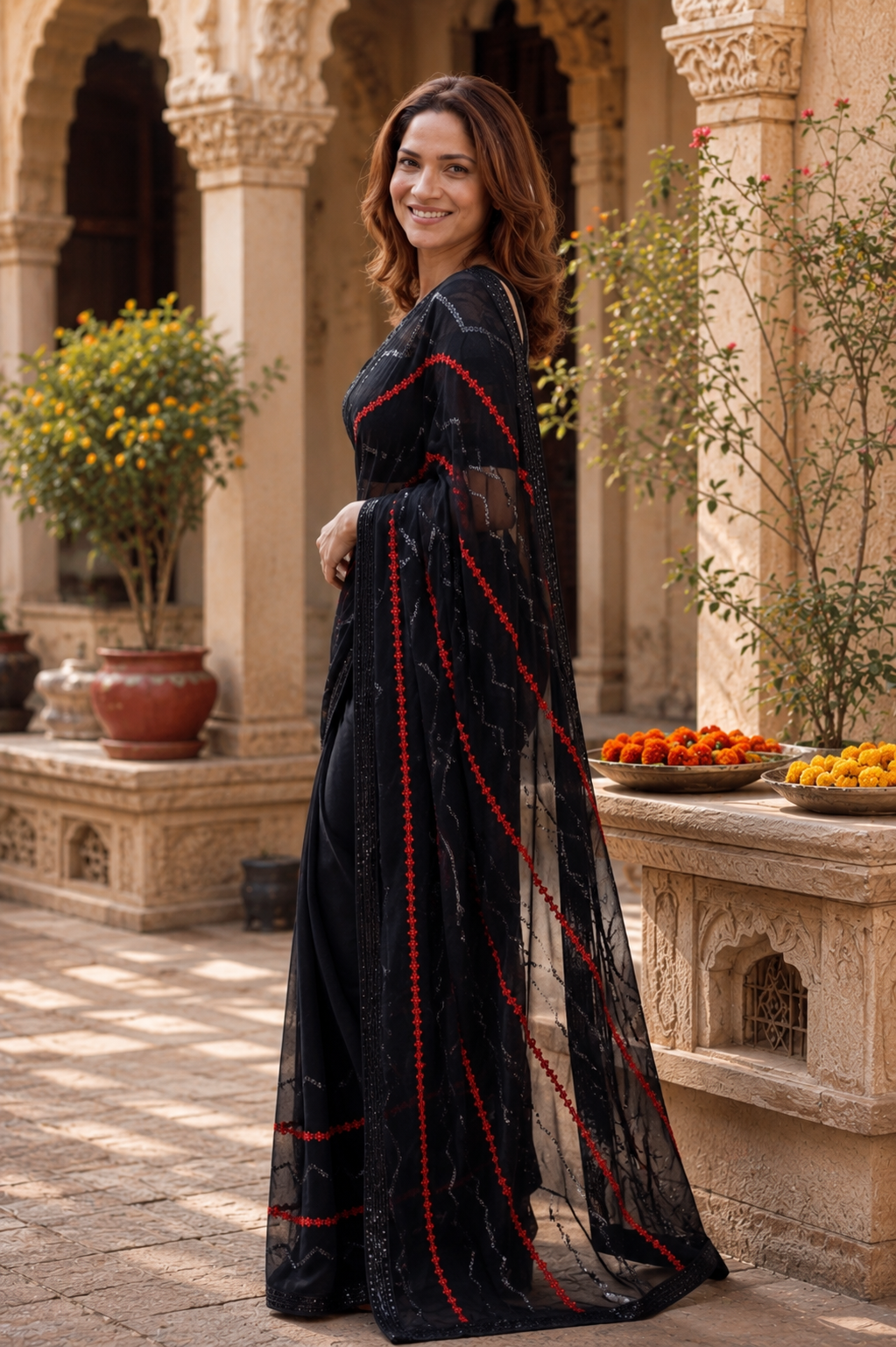 Fancy Georgette Saree With Unstitched Blouse(Black)
