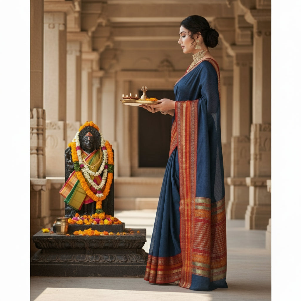 Women's Kota Doria Cotton Bordered Saree With Blouse (Navy Blue, 5-6 Mtrs) Kashvii