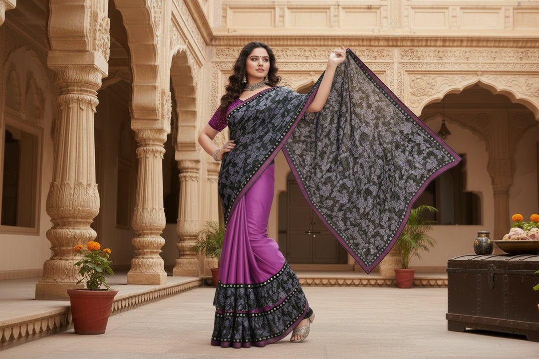 Women's Lycra Blend Saree with Blouse (Purple, 5-6 Mtrs) Kashvii